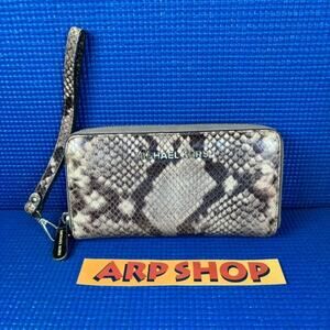 🔴 MICHAEL KORS SNAKE SKIN Brown Beige Wristlet Wallet With Zipper EY-1504